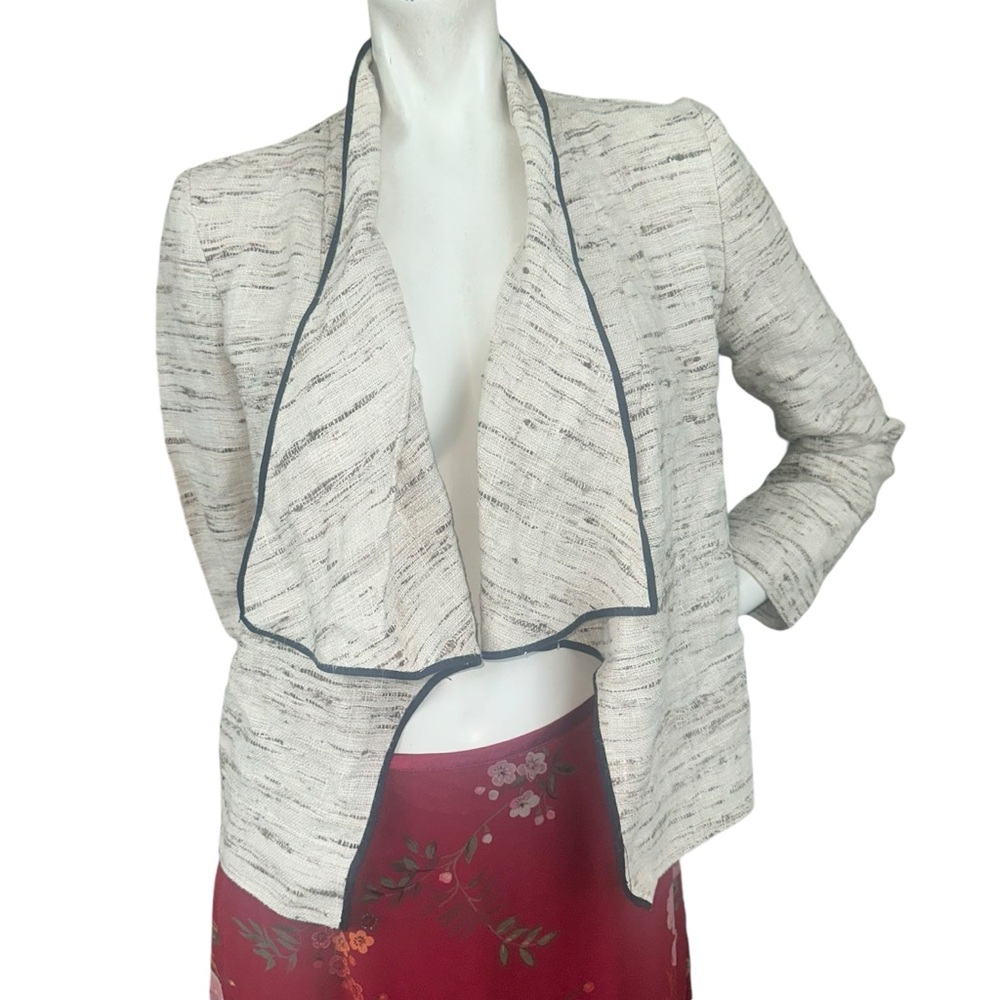 J Crew Collection 100% Silk Beige Cream Black Open Casual Blazer Jacket Size 2